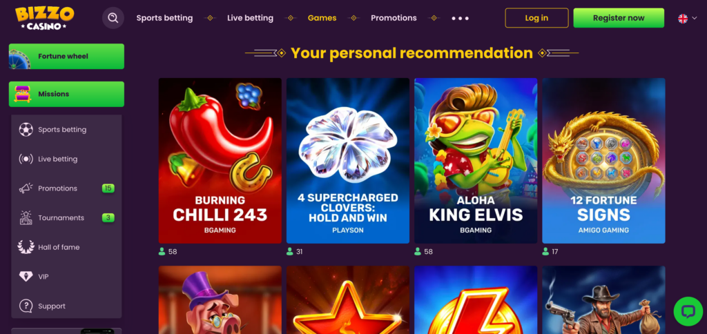 Bizzo casino games as seen when testing