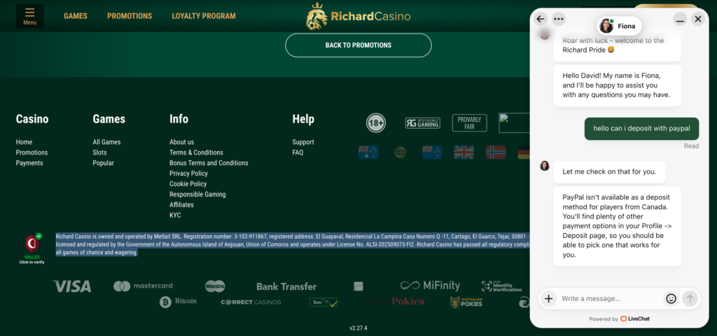 Richard Casino support chat conversation