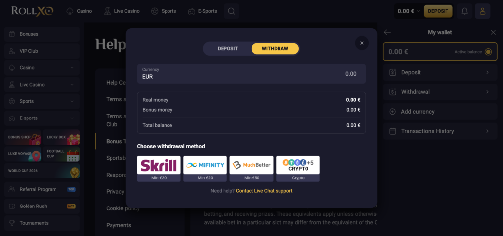 RollXO withdrawal methods