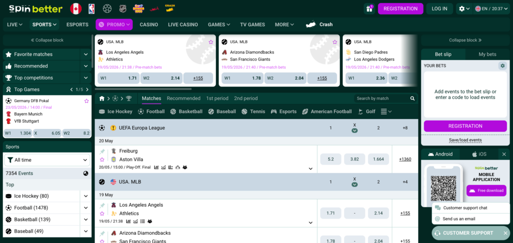 Spin Better sportsbook games as seen when testing