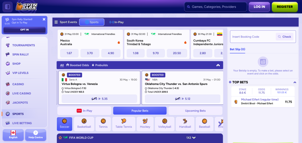 Spinbara sportsbook as seen when testing