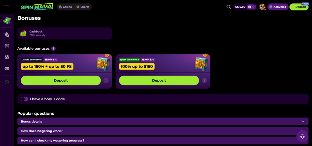 Spinmama bonuses