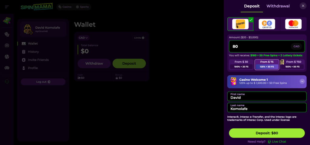 Spinmama deposit methods