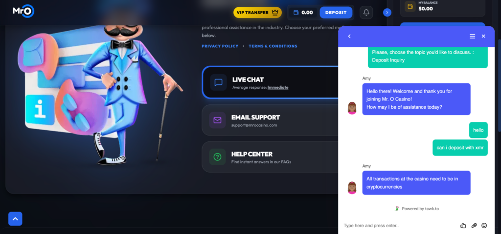 MRO CASINO support chat conversations