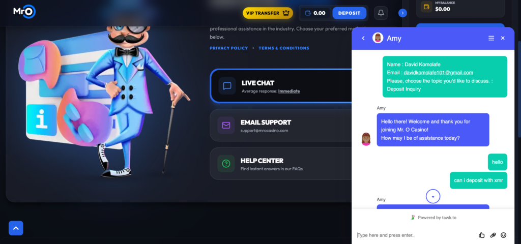 MRO CASINO support chat conversations