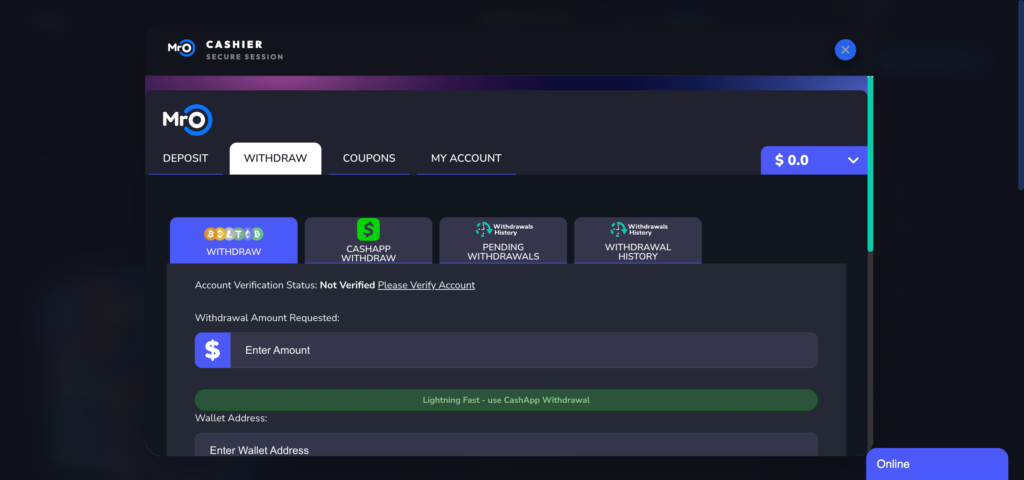 MRO CASINO withdrawal methods 