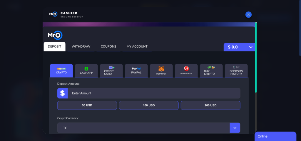 MRO CASINO deposit methods 