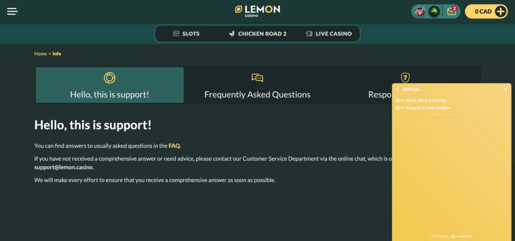 Lemon Casino support setting