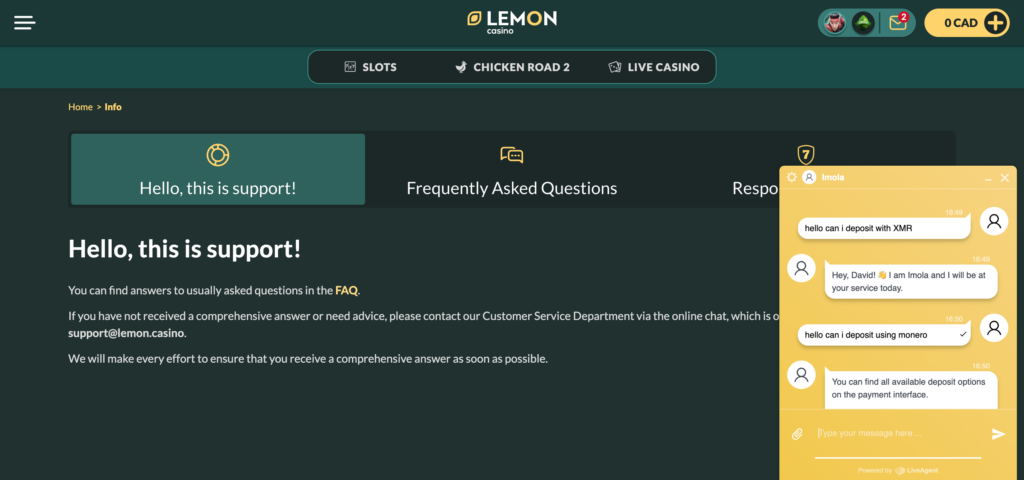 Lemon Casino support chat