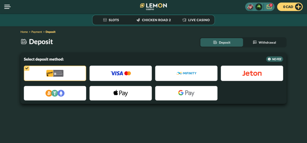 Lemon Casino deposit methods