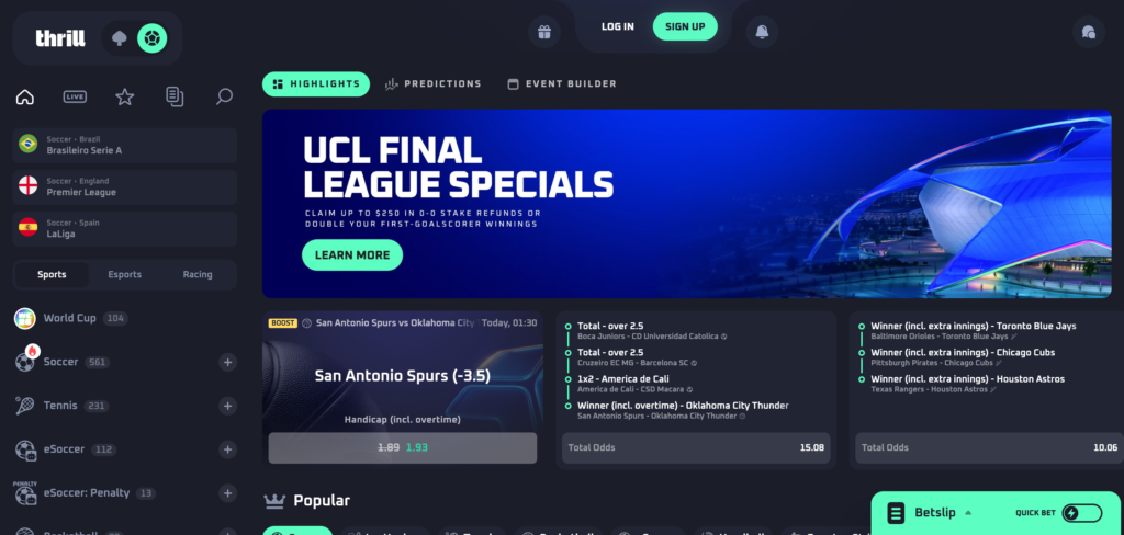 Thrill Casino sportsbook as seen when testing