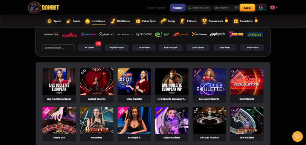 Donbet live casino as seen when testing 