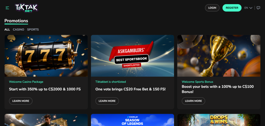 TikTak Bet promotions as seen when testing