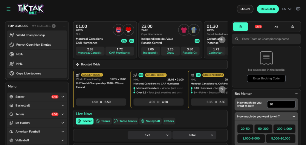 TikTak Bet sportsbook as seen when testing