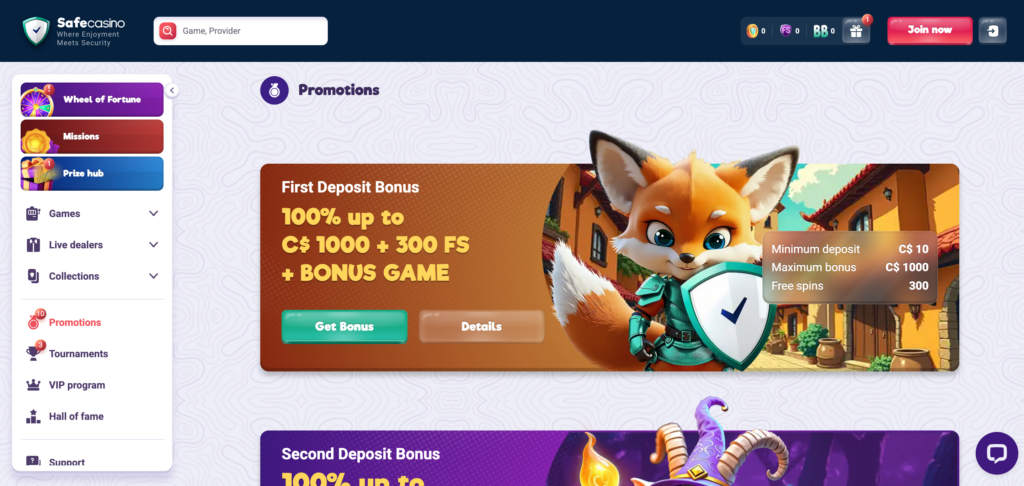 SafeCasino promotions as seen when testing