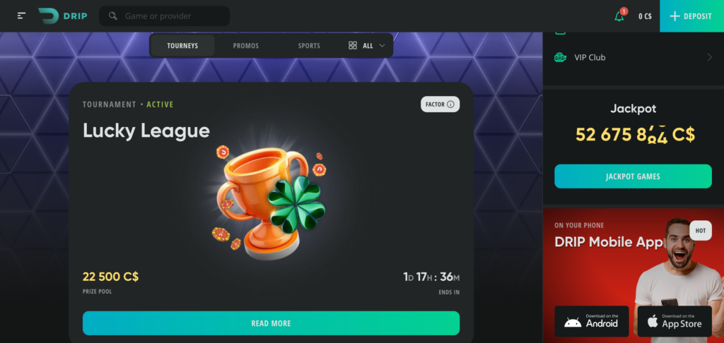 Drip Casino promotions as seen when testing
