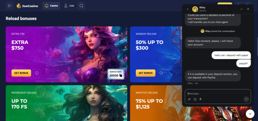 Joo Casino support chat conversations 