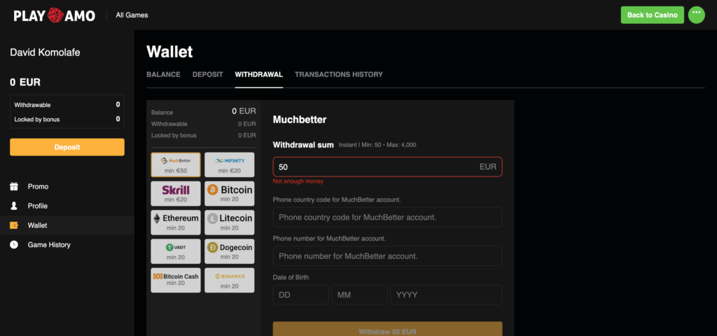 PlayAmo withdrawal methods