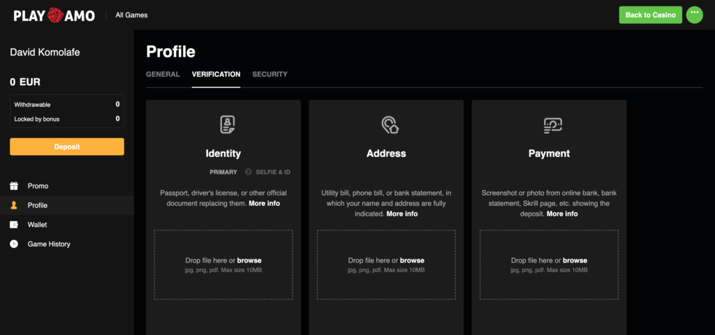PlayAmo KYC details