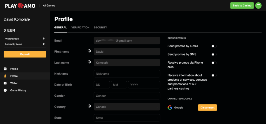 PlayAmo profile information