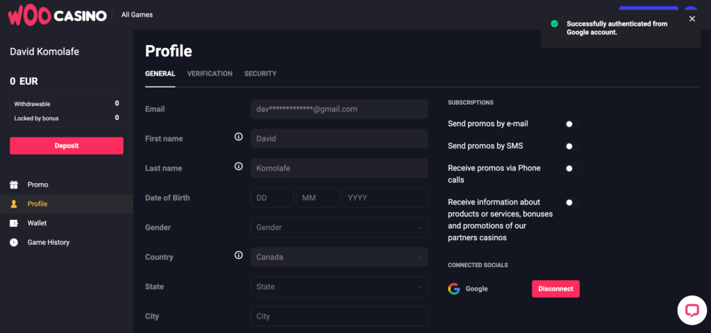 Woocasino profile setting