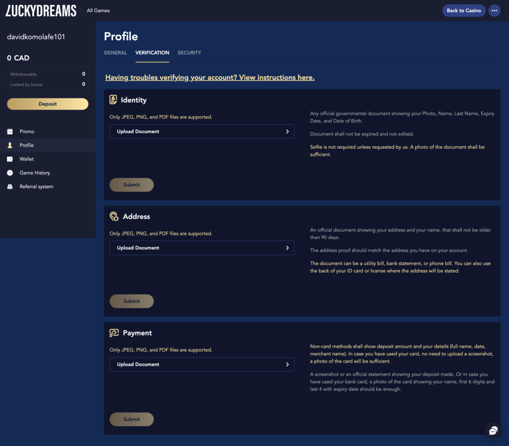 Lucky Dreams KYC setting