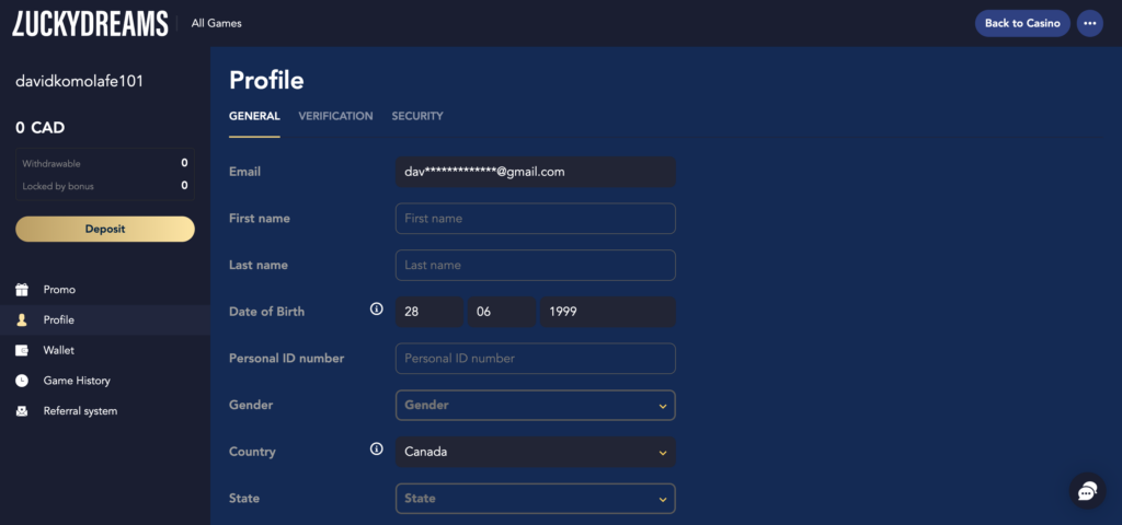 LuckyDreams account settings