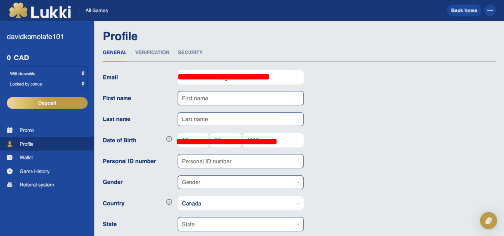 Lukki Casino profile setting