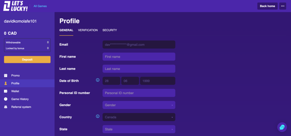 Lets Lucky profile setting