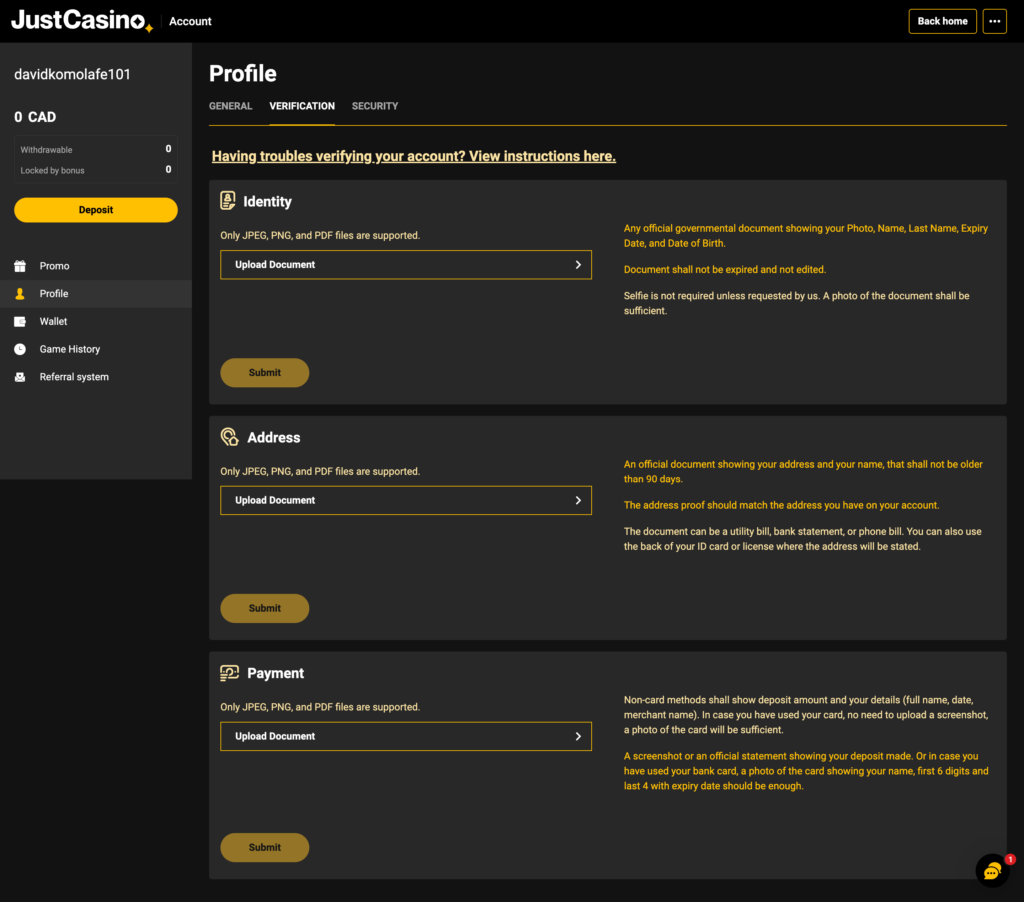 Justcasino.com KYC