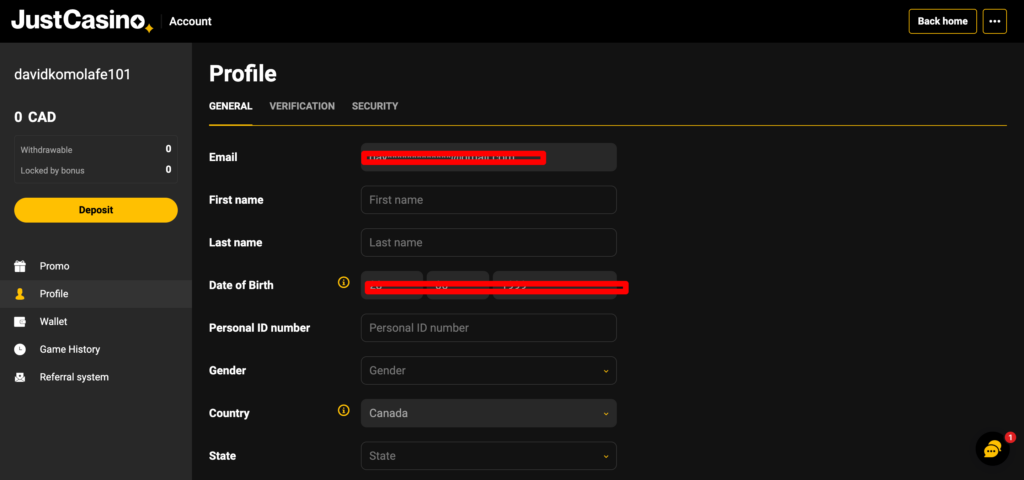 Justcasino.com profile setting