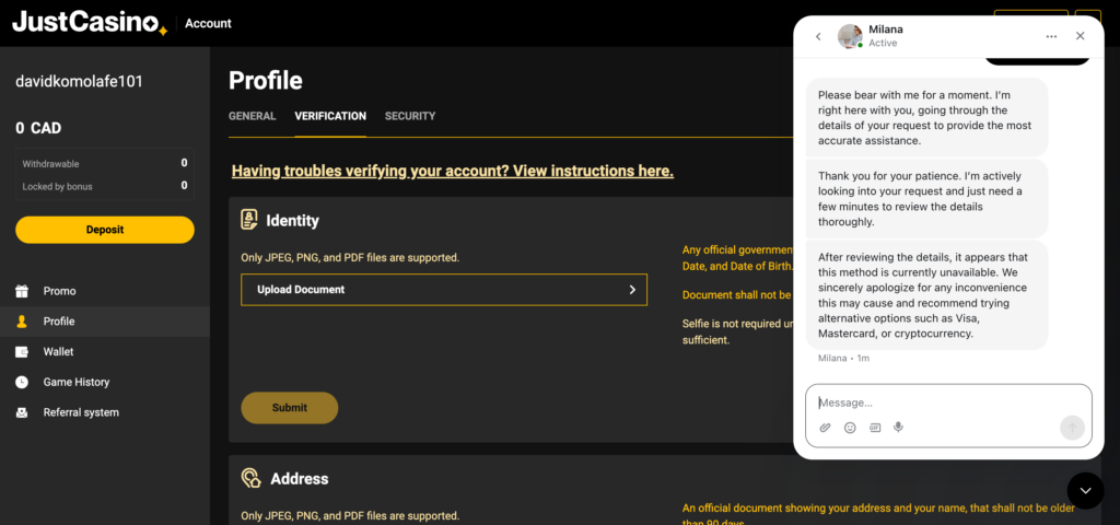 JustCasino.com support chat converation