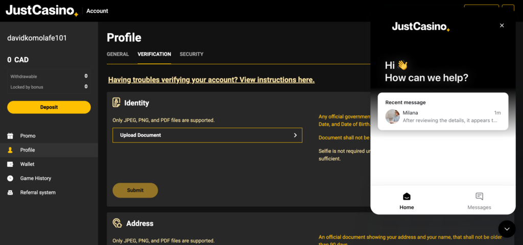 JustCasino.com support