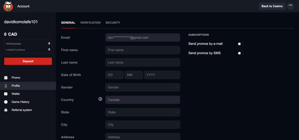 Lamabet profile settings