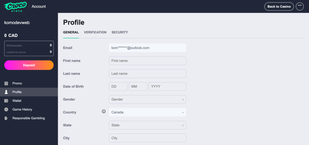 Crocoslots profile setting