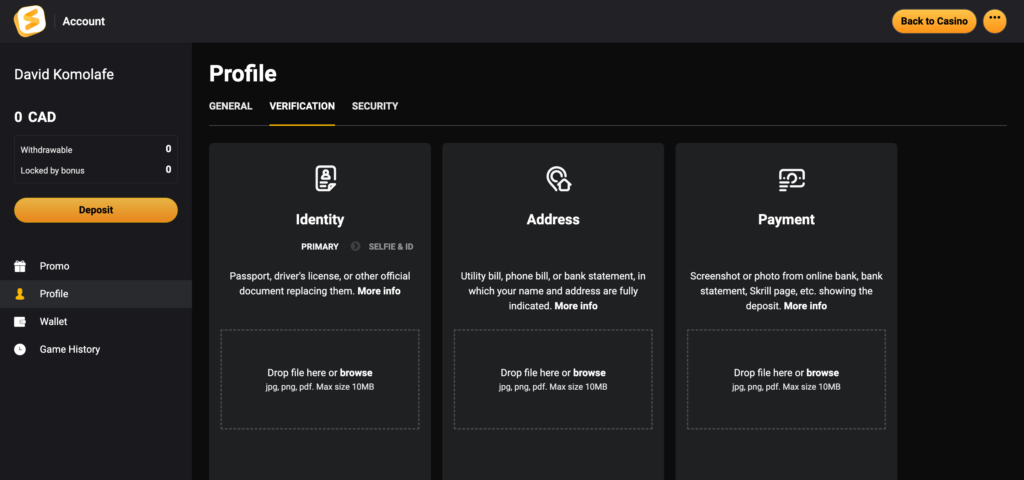 Stay Casino KYC page