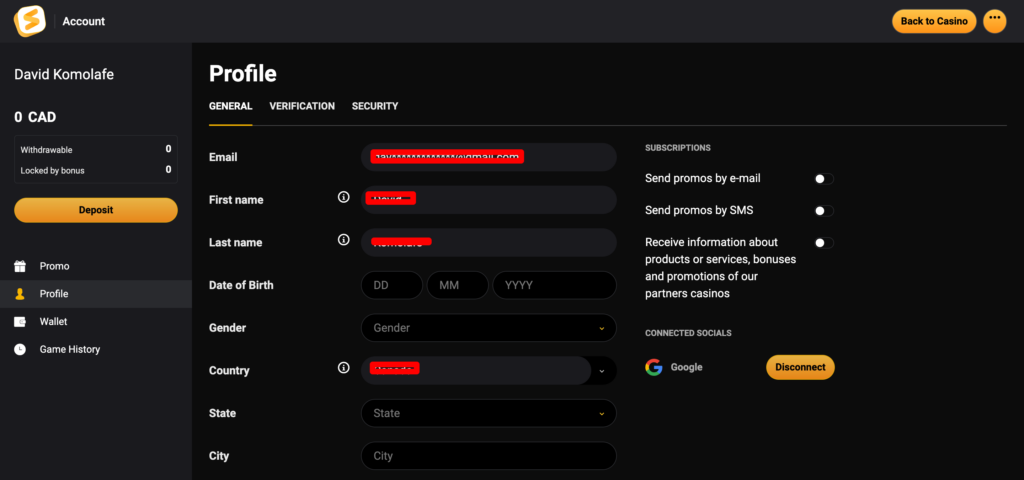 Stay Casino profile setting