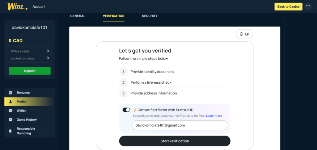 Winz Casino sumsub KYC