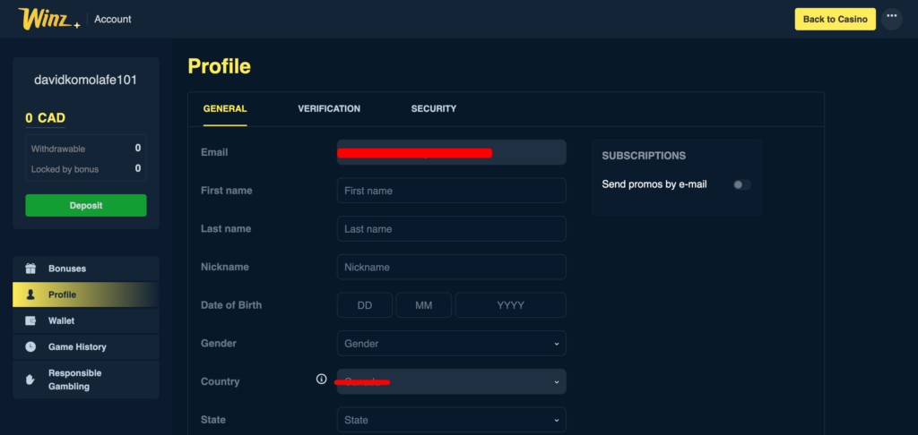 Winz Casino profile settting