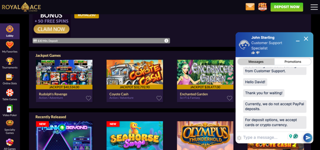 Royal Ace Casino support chat