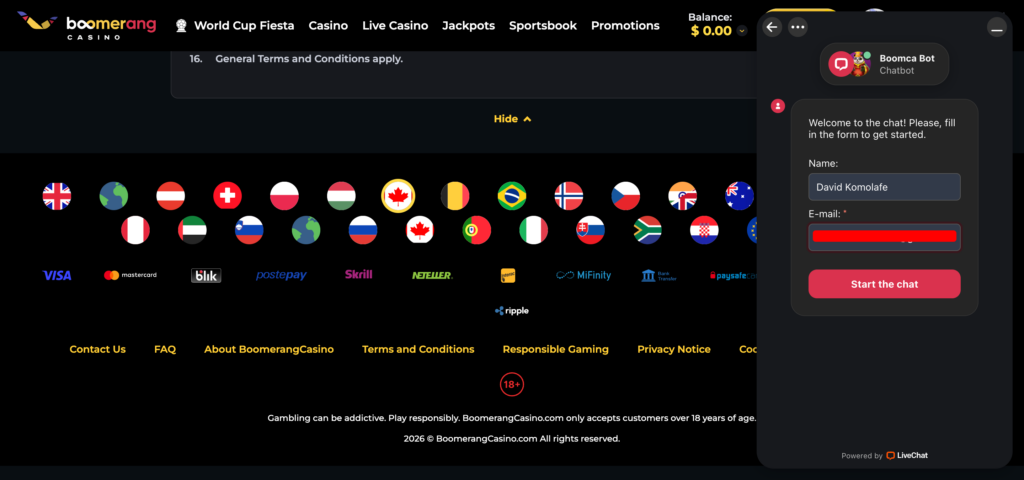 Boomerang Casino support chat