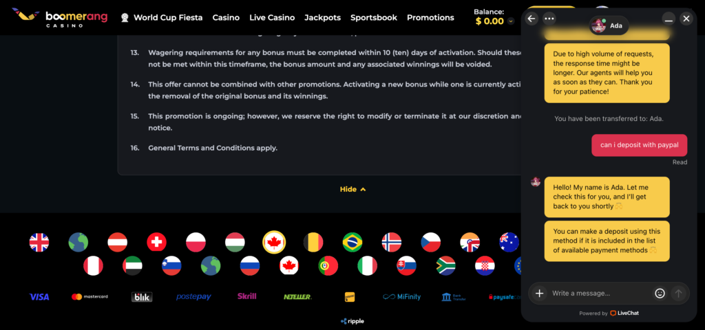 Boomerang Casino support chat conversations 