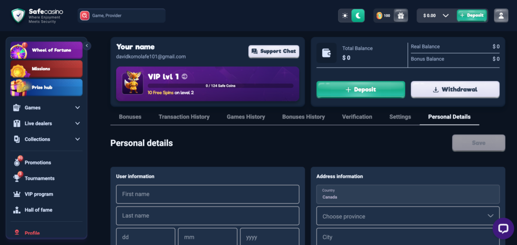 SafeCasino profile setting