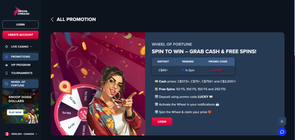 Trips Casino Wheel of fortune as seen when testing