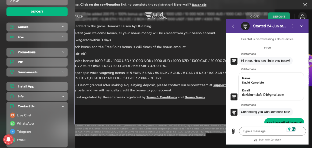 WildTornado support conversation