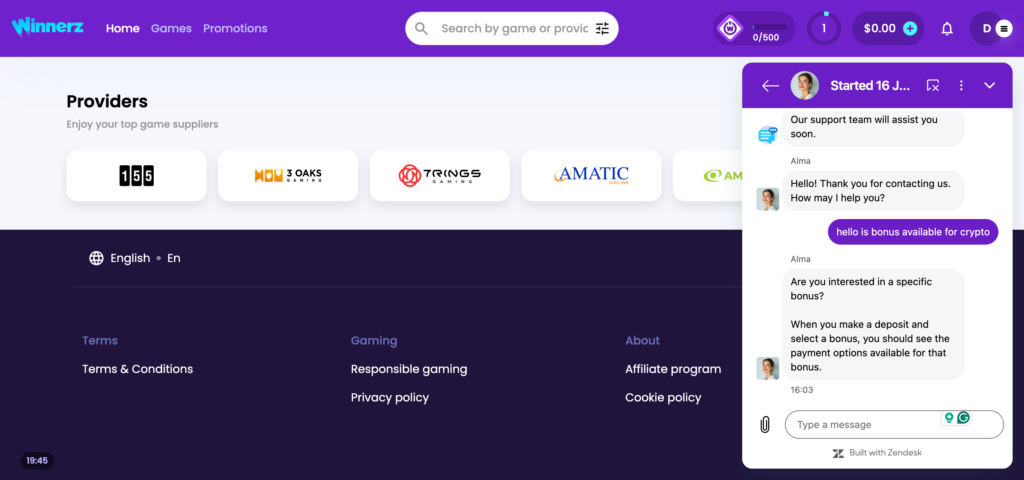 Winnerz support chat conversation