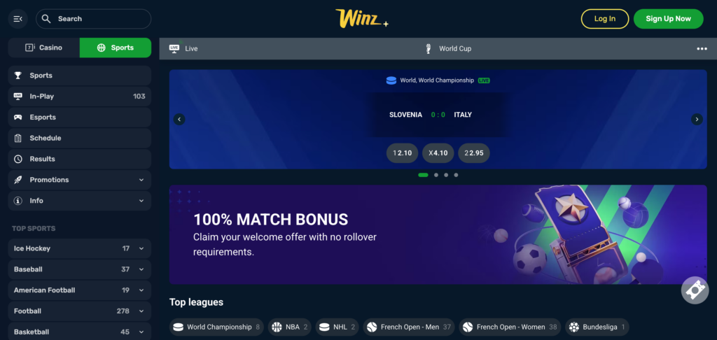 Winz casino sportsbook as seen when testing