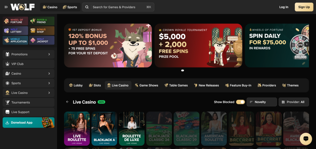 Wolf.io live casino seen when testing