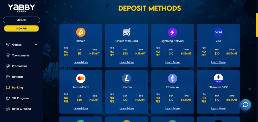 Yabby Casino deposit method as seen when testing