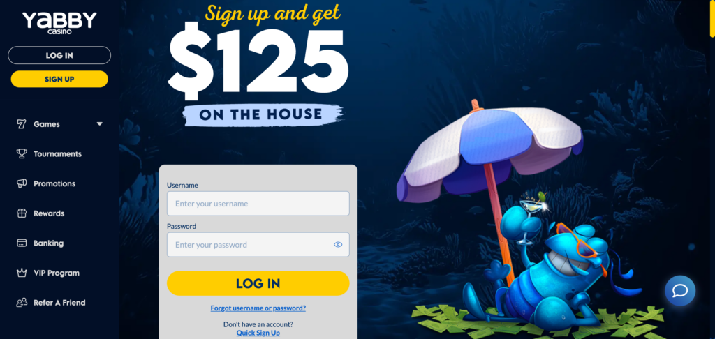 Yabby Casino home page